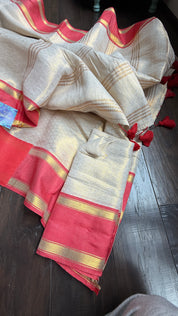 Pure Mul Tissue Cotton Saree - Beige Golden