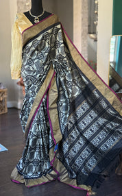 Pure Silk Ikat -  Silver Grey Black Pochampally