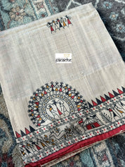 Pure Tussar Silk - Beige Worli Printed