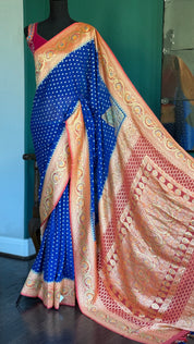 Khaddi Georgette Banarasi - Blue Peach Orange Hand Brush Painted