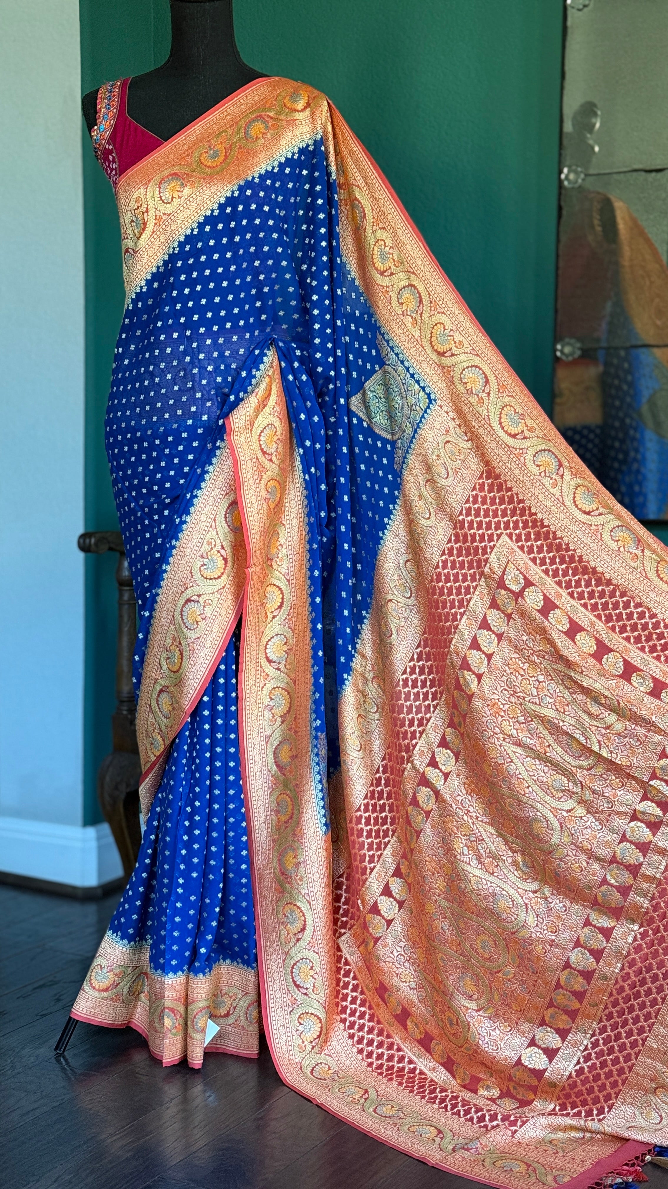 Khaddi Georgette Banarasi - Blue Peach Orange Hand Brush Painted