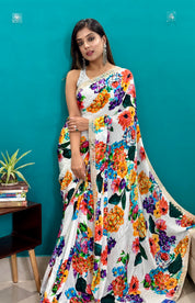 Designer Crepe Satin - White Multi Color