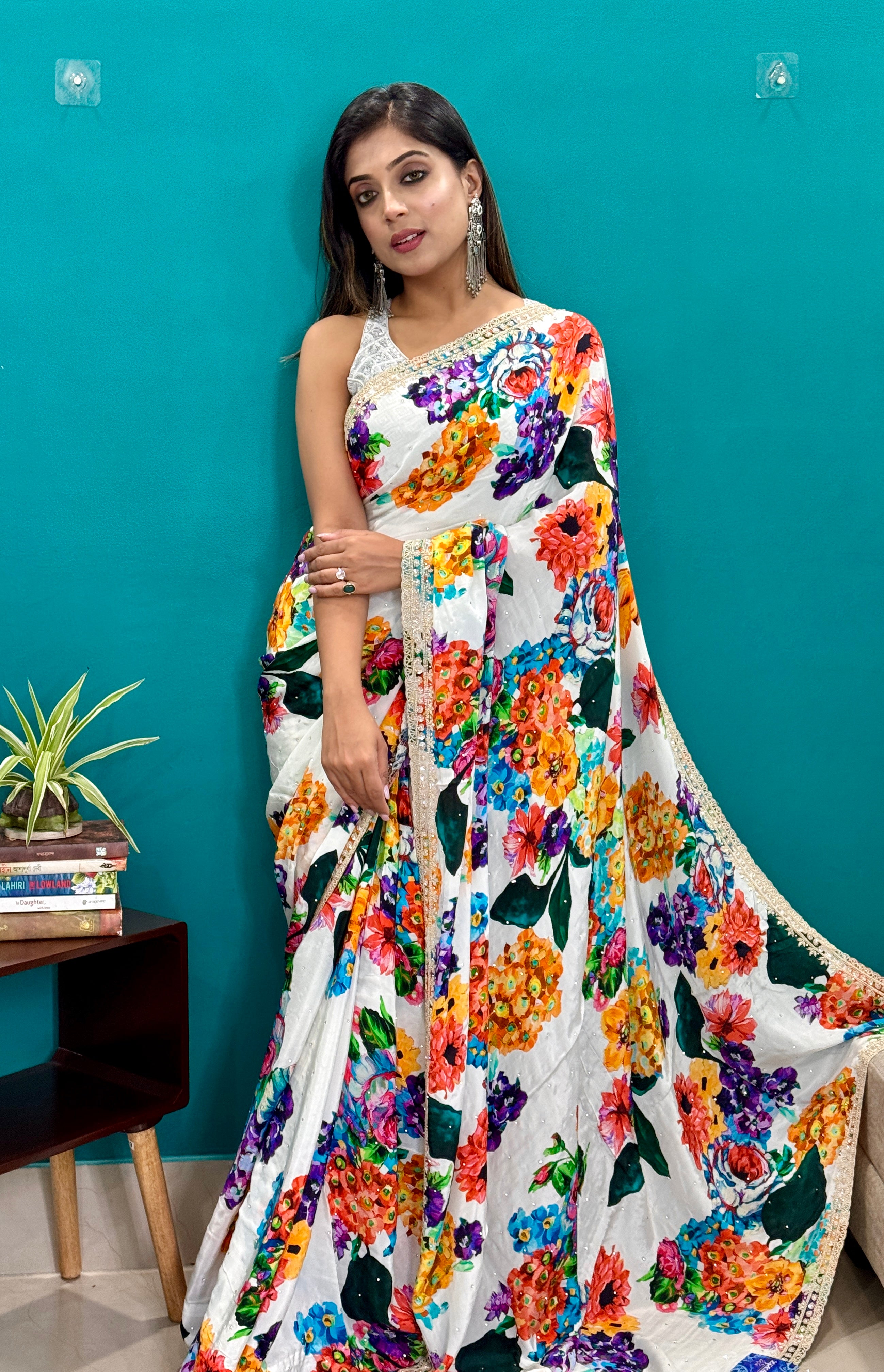 Designer Crepe Satin - White Multi Color