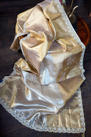 Designer Tissue Silk - Silver Golden Embroidered