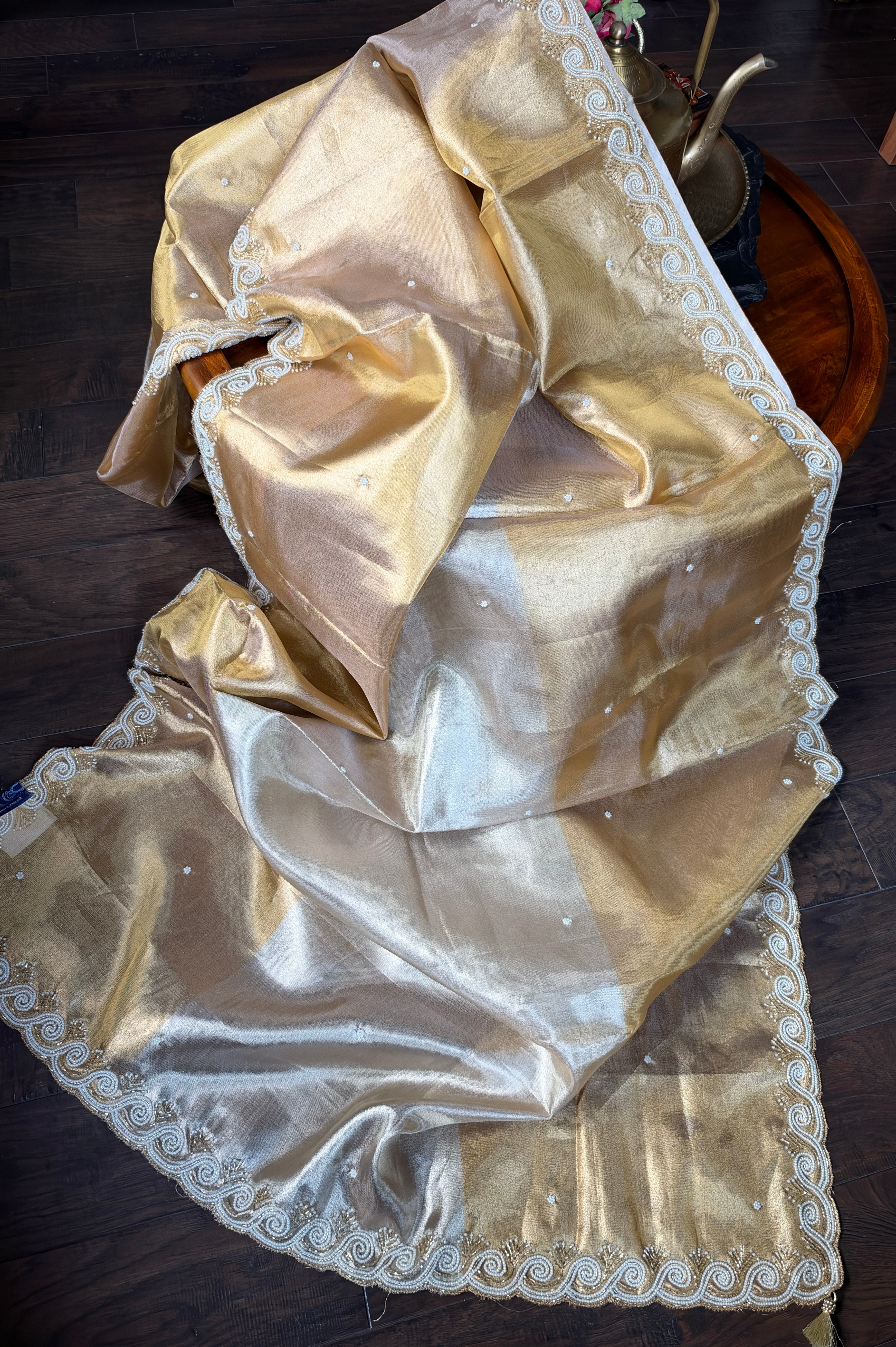 Designer Tissue Silk - Silver Golden Embroidered