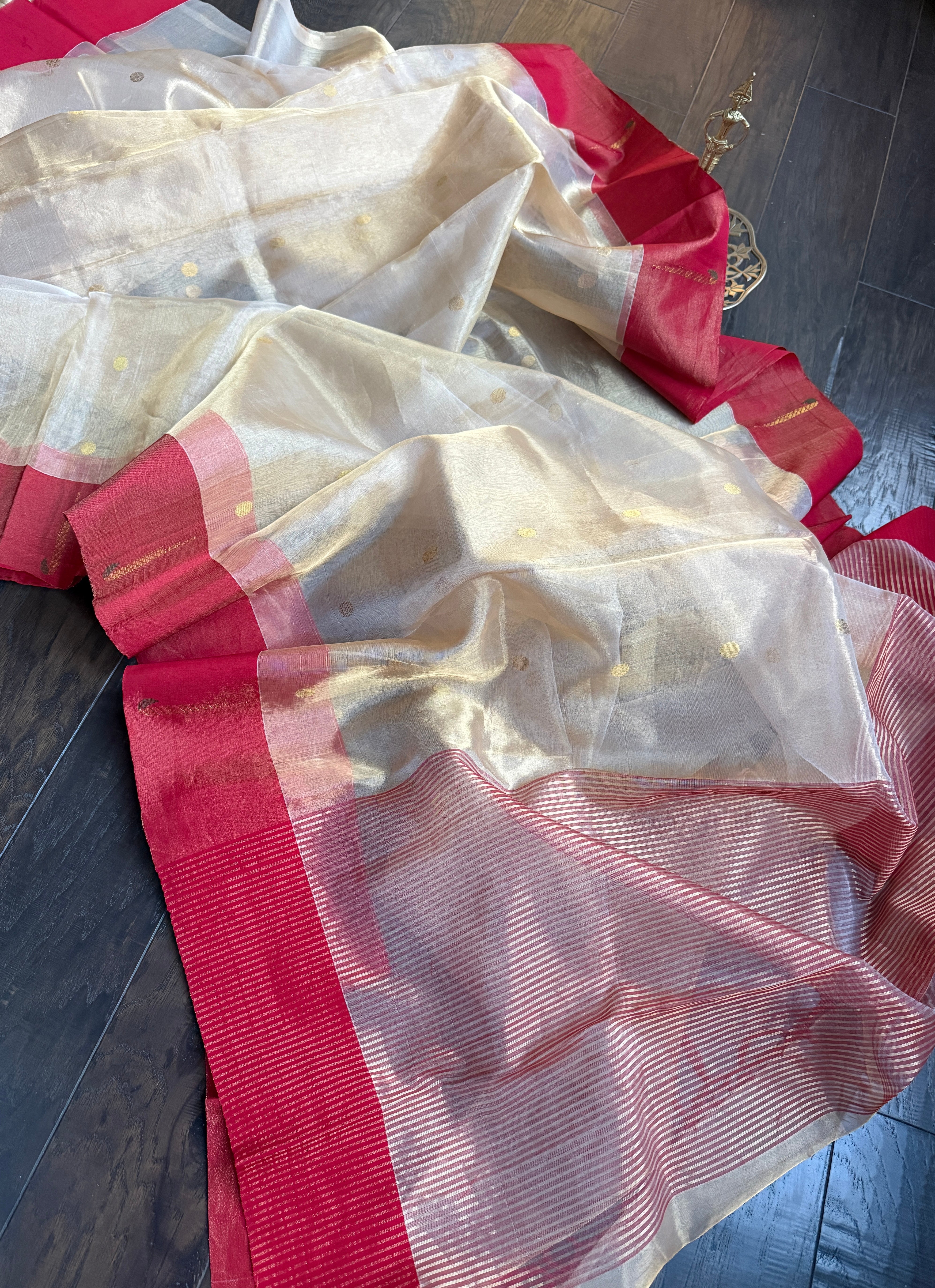Pure Chanderi Tissue Silk - Golden Woven Munia Border