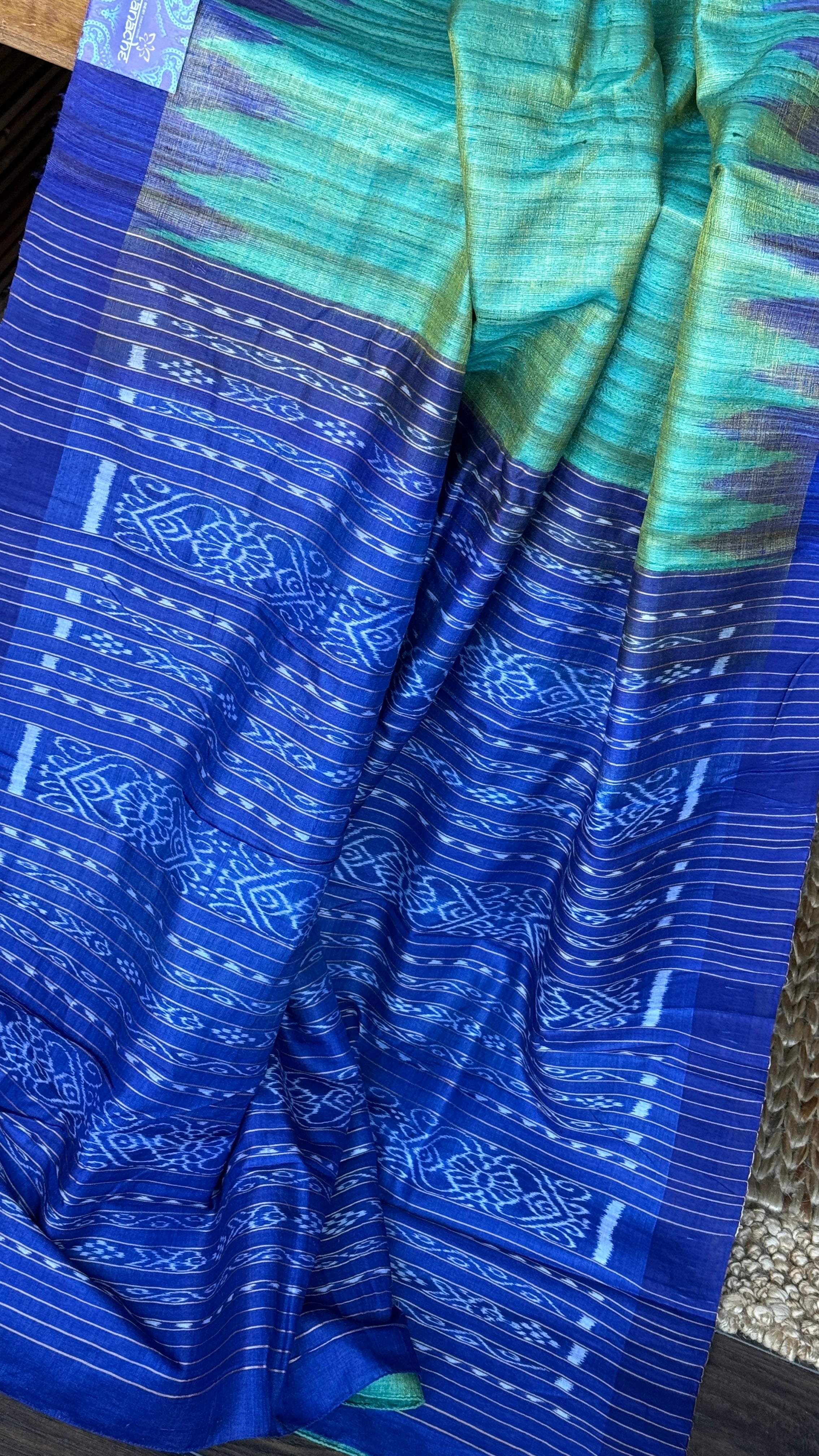 Gopalpur Tussar Silk Ikat - Sea green Royal Blue