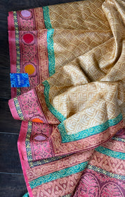 Printed Tussar Silk Kantha Stitch - Light Ochre Yellow