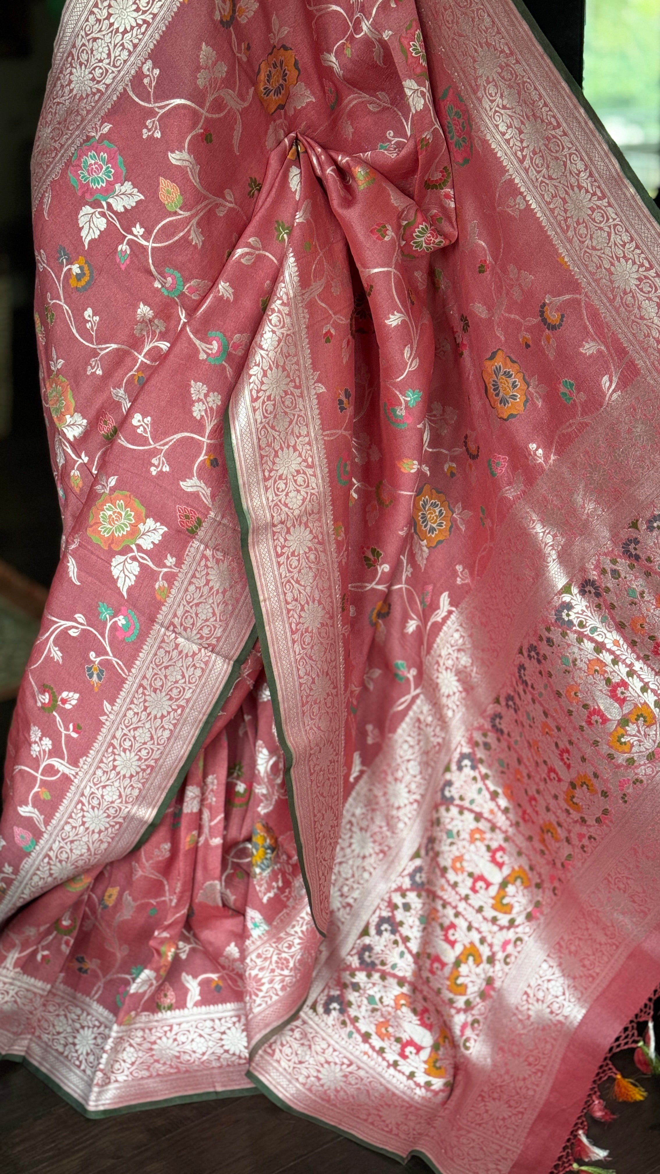 Tussar Georgette Banarasi- Gajri Pink Silver Zari