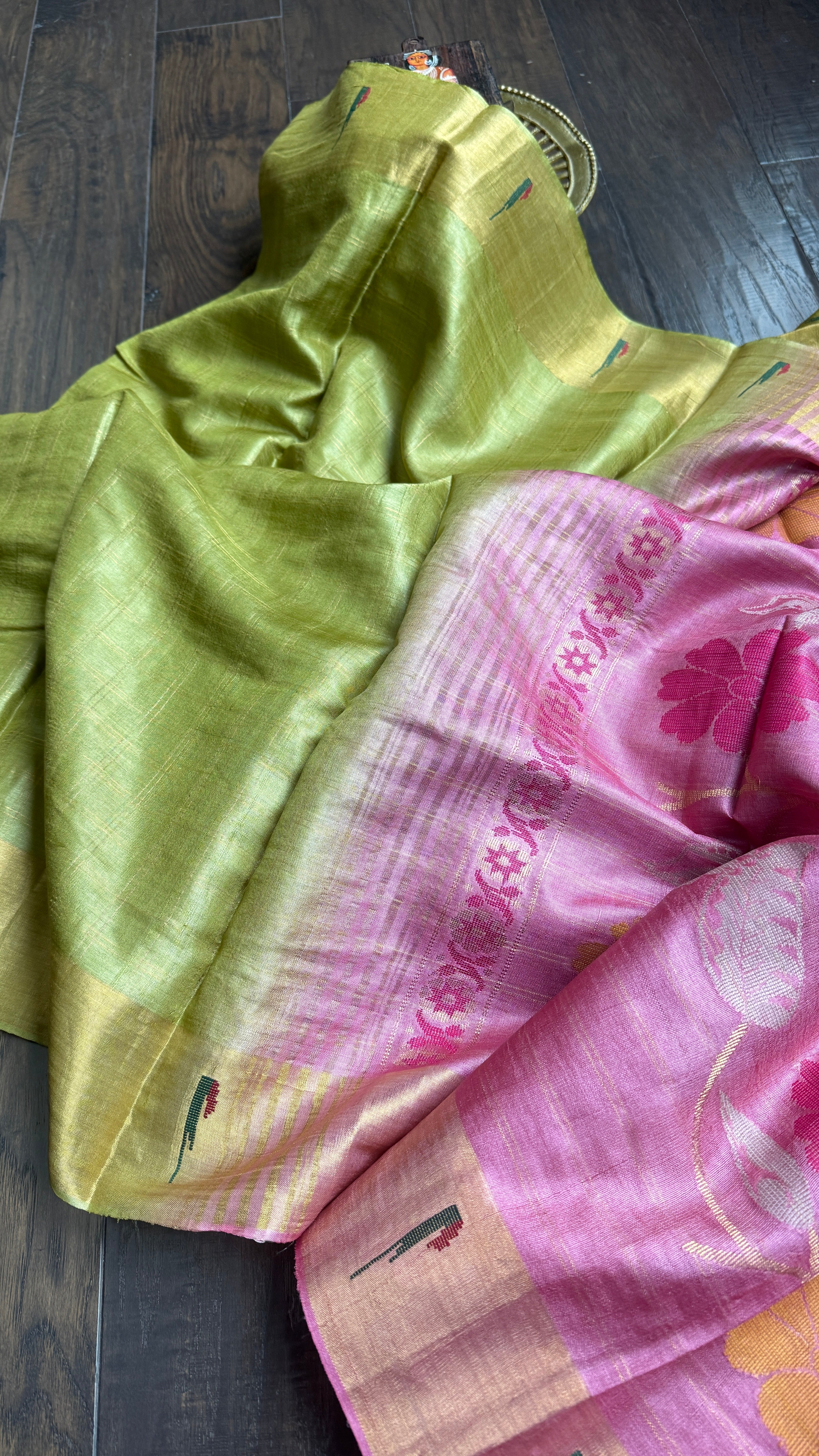 Tussar Silk Paithani Single Munia - Henna Green Handwoven