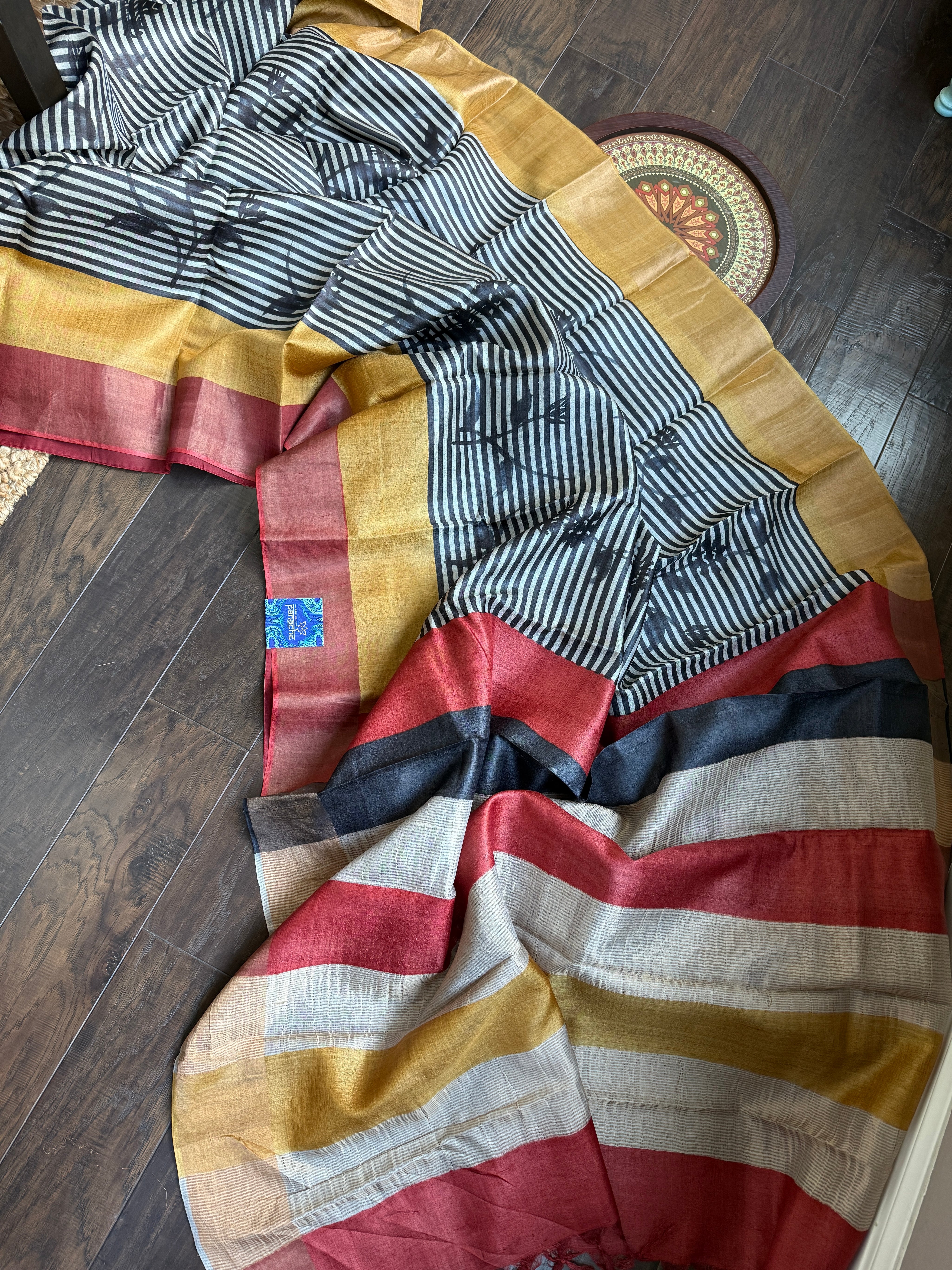 Pure Tussar Silk - Black Red Yellow
