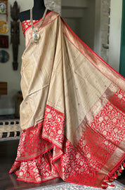 Pure Tassur Silk Banarasi - Beige Tan Red Meenakari