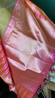 Organza Katan Silk Banarasi -  Tan Pink Orange Checkered