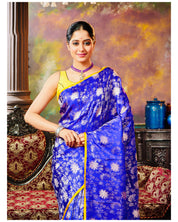 Pure Silk Katan Tissue Jaal Banarasi- Purple Blue Yellow