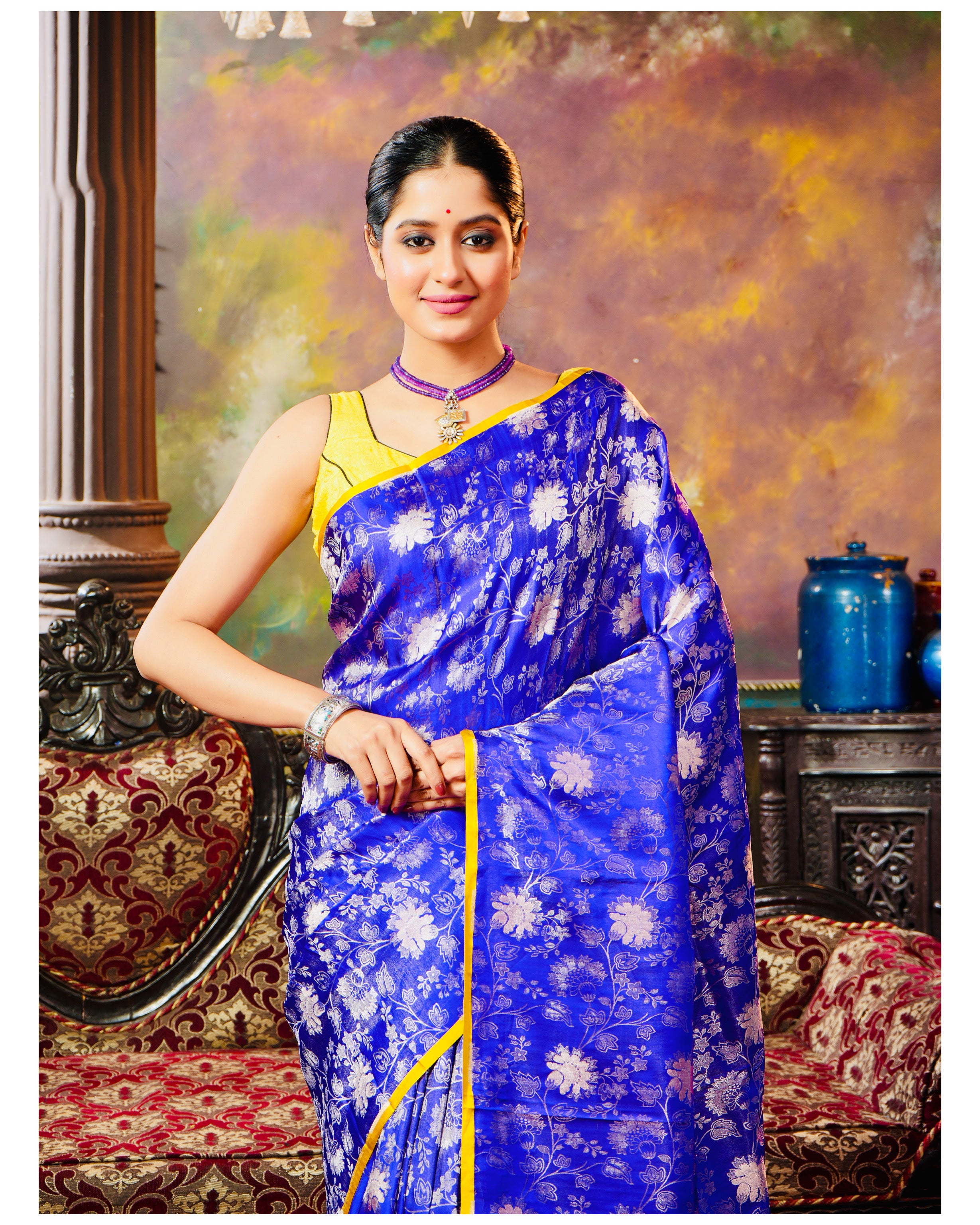 Pure Silk Katan Tissue Jaal Banarasi- Purple Blue Yellow