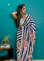 Designer Georgette Floral - Blue and white Hand Embroidered