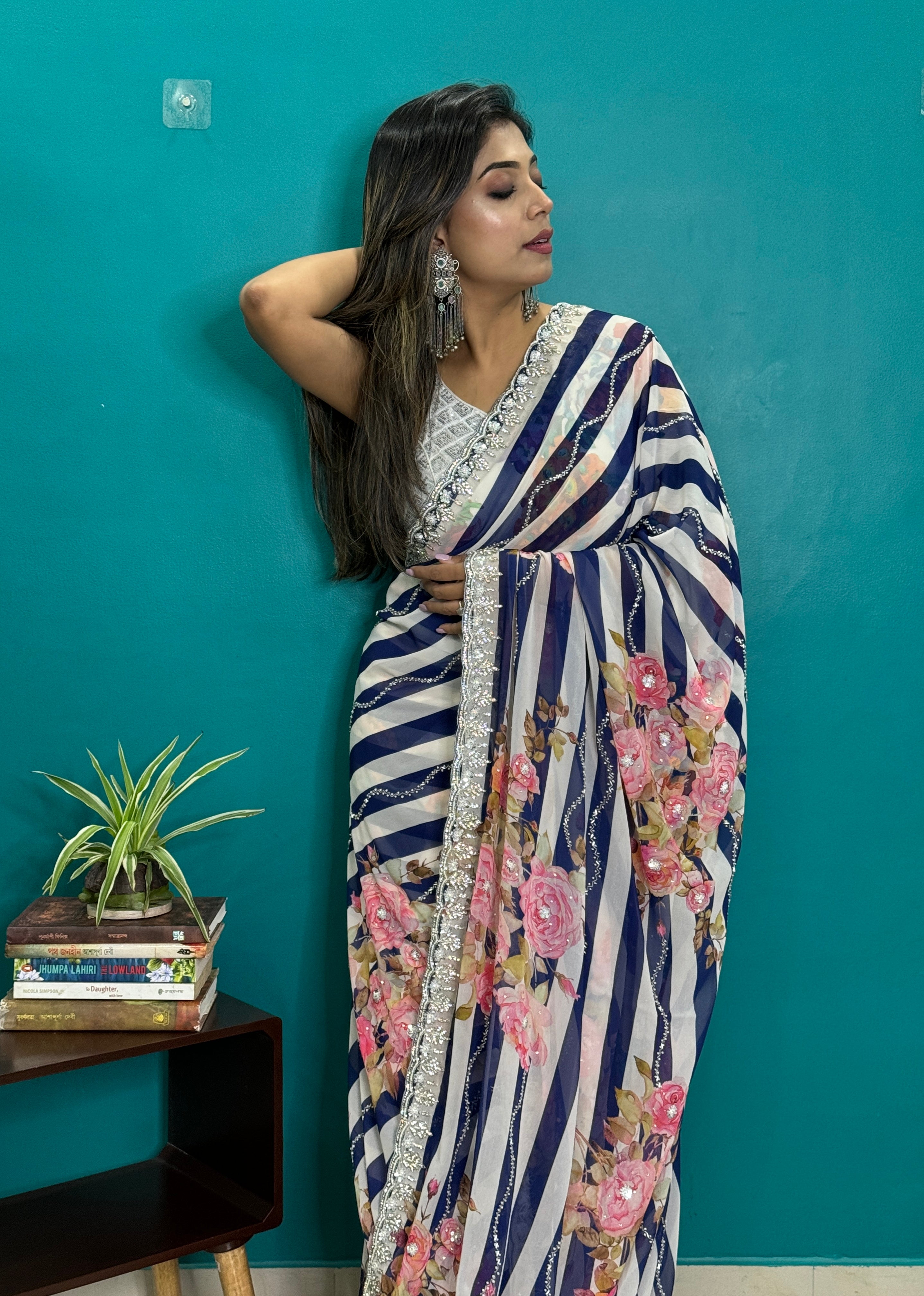 Designer Georgette Floral - Blue and white Hand Embroidered