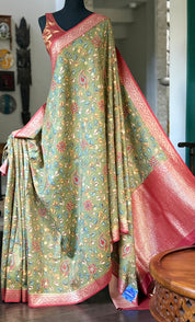 Tussar Silk Kalamkari Banarasi- Green Red