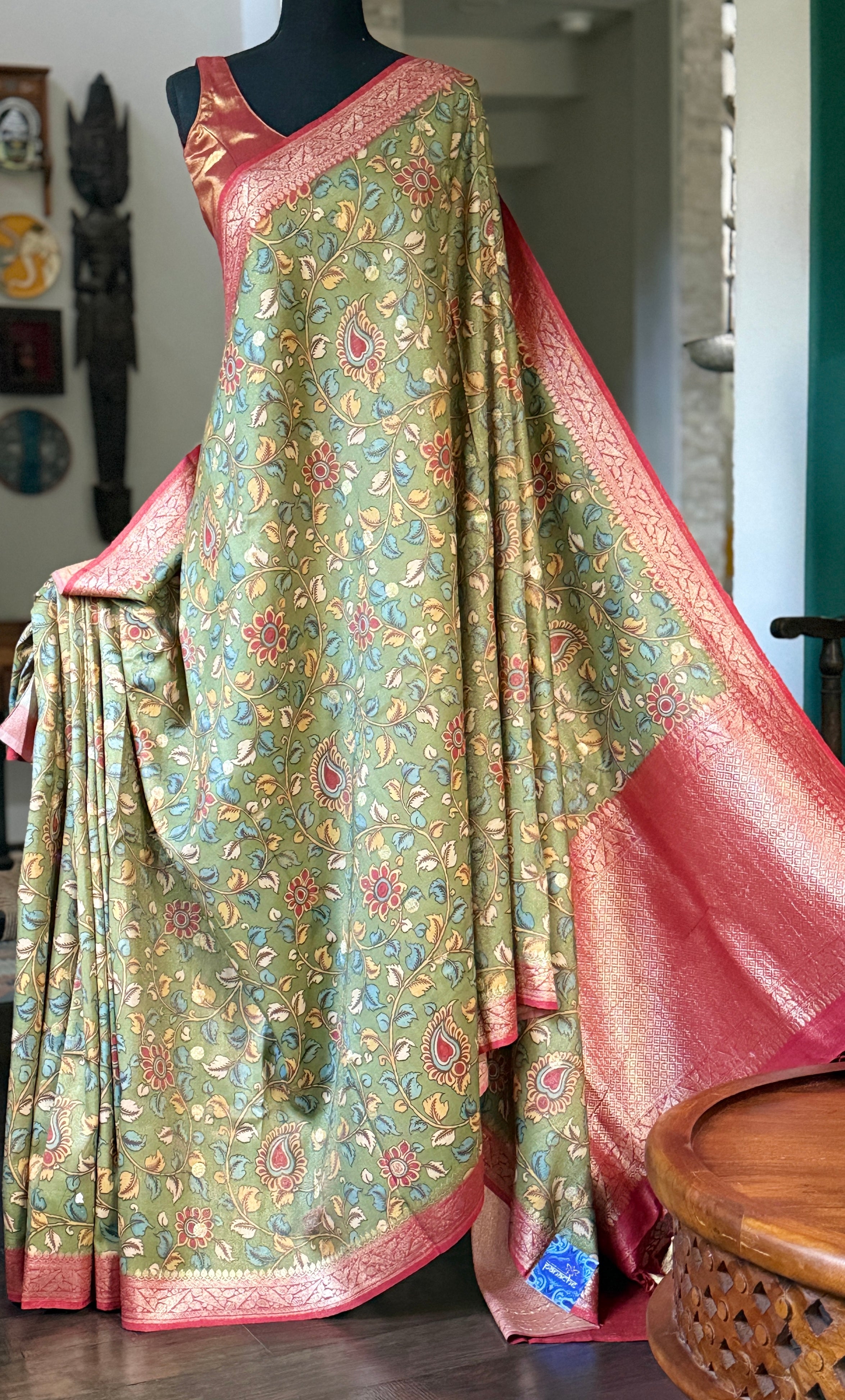 Tussar Silk Kalamkari Banarasi- Green Red