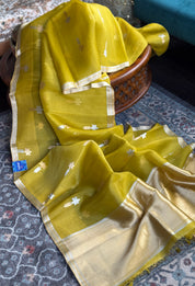 Pure Kora Silk Banarasi - Ochre Green Kadhua