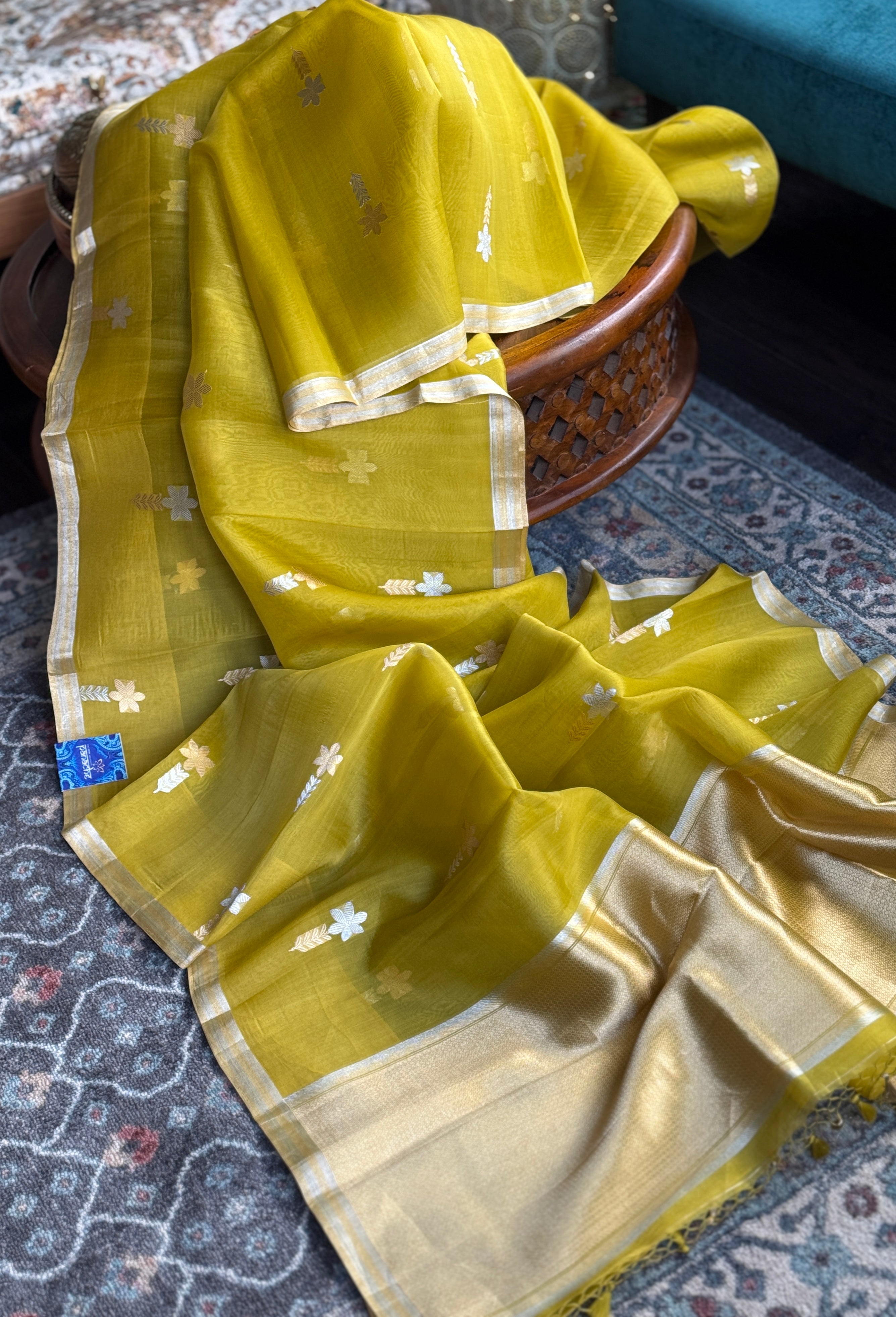 Pure Kora Silk Banarasi - Ochre Green Kadhua