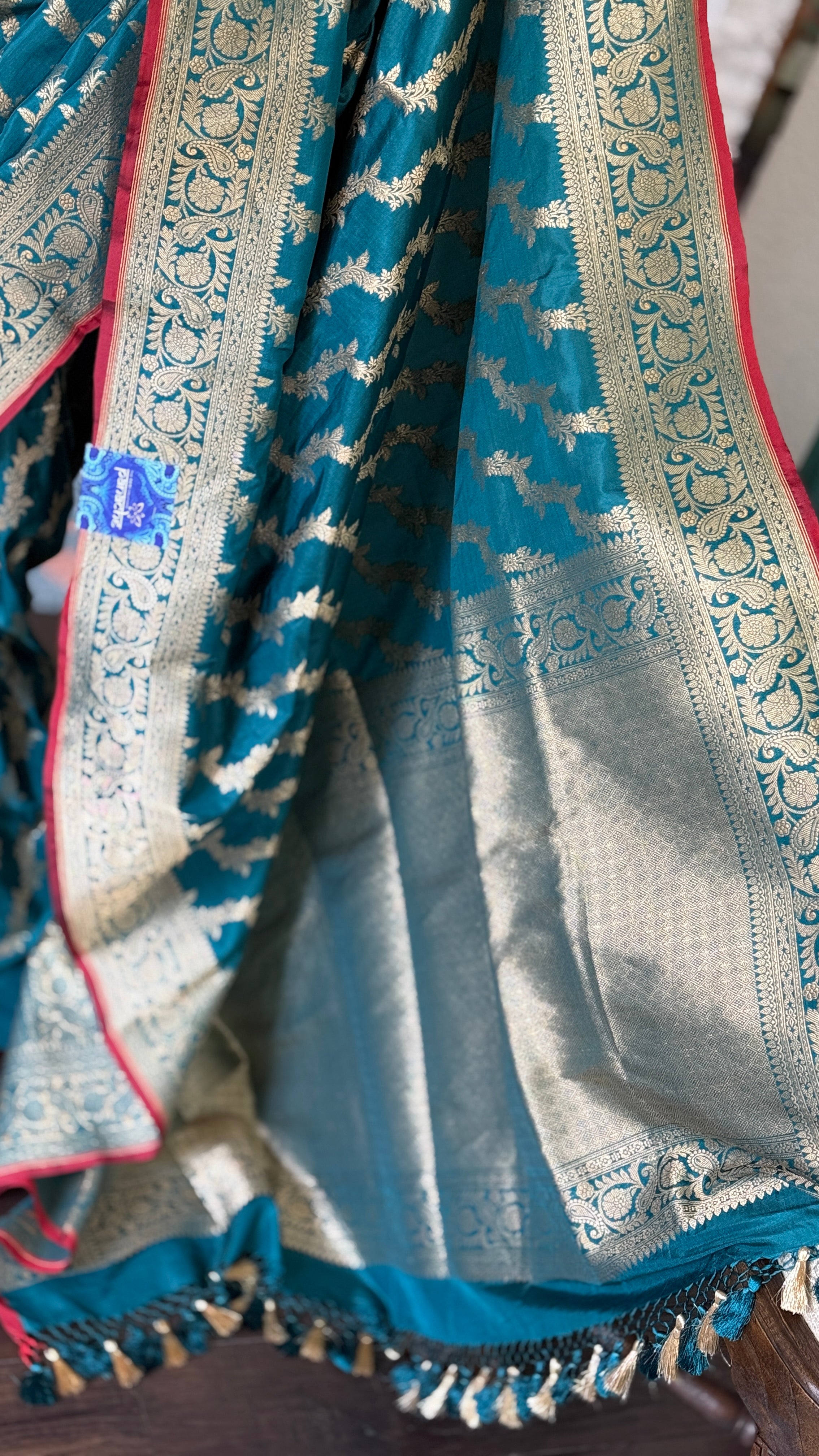 Katan Silk Leheriya Banarasi - Teal Blue Antique Zari