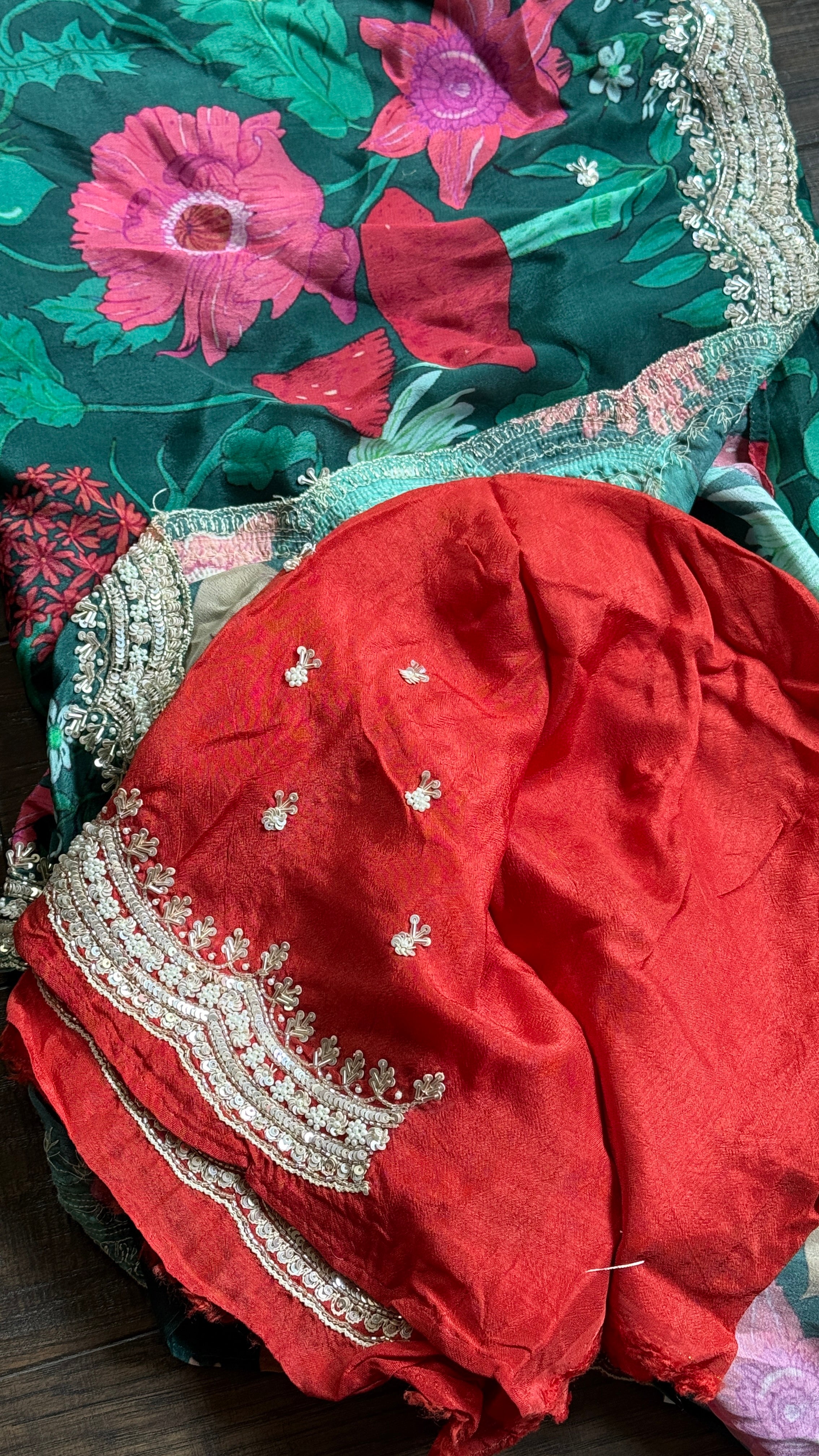 Designer Crepe Satin - Green Multi Color