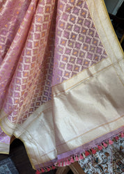 Pure Tissue Kora Silk Jamdaani Banarasi - Pink Golden Antique Zari