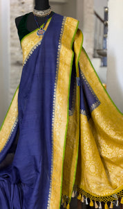 Tussar Georgette Banarasi- Navy Blue Ochre Yellow