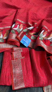 Designer Cotton Silk Banaras Chanderi - Red Bird Embroidered