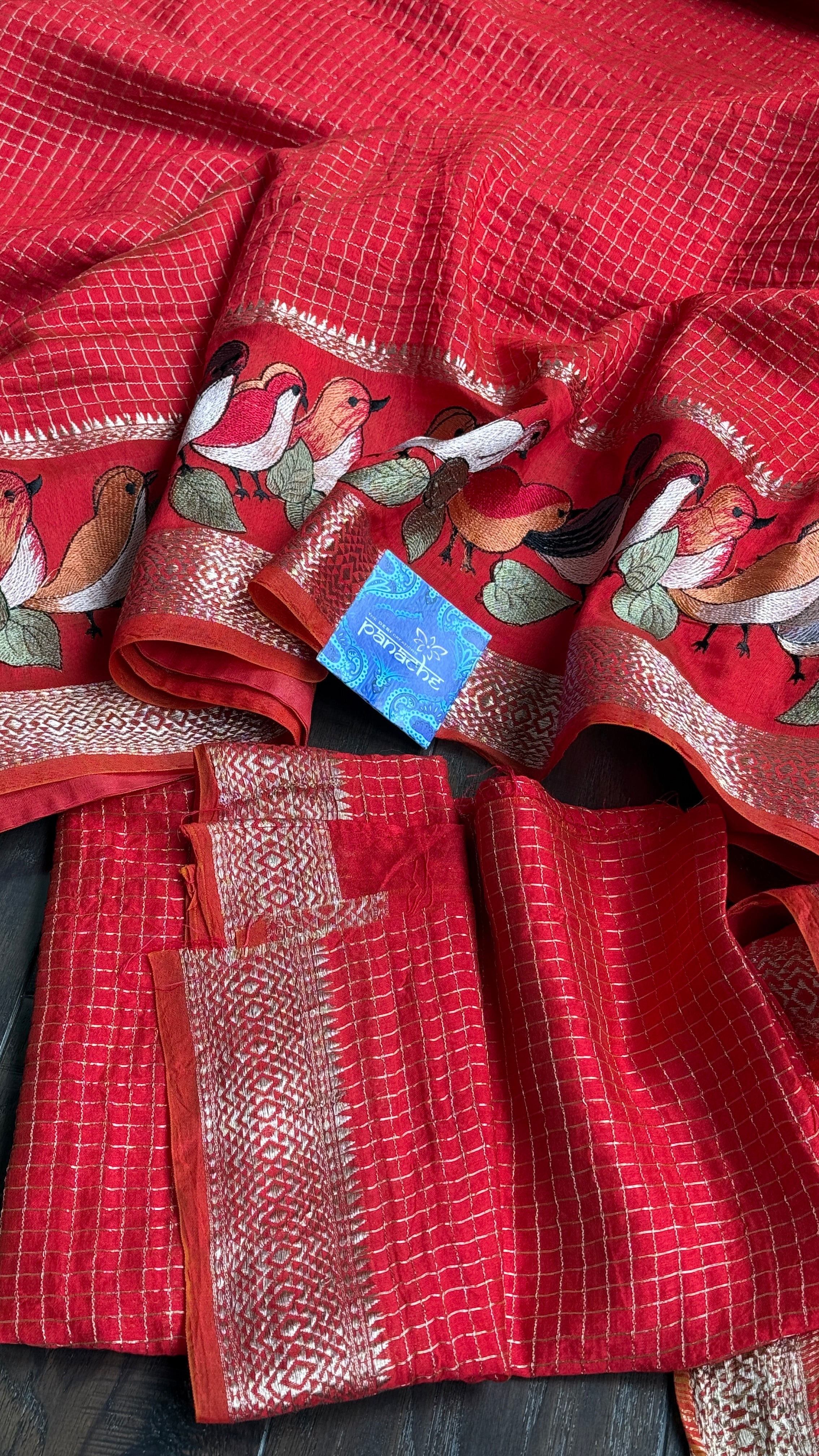 Designer Cotton Silk Banaras Chanderi - Red Bird Embroidered