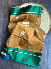 Tussar Silk Banarasi - Ochre Brown Green Antique Zari