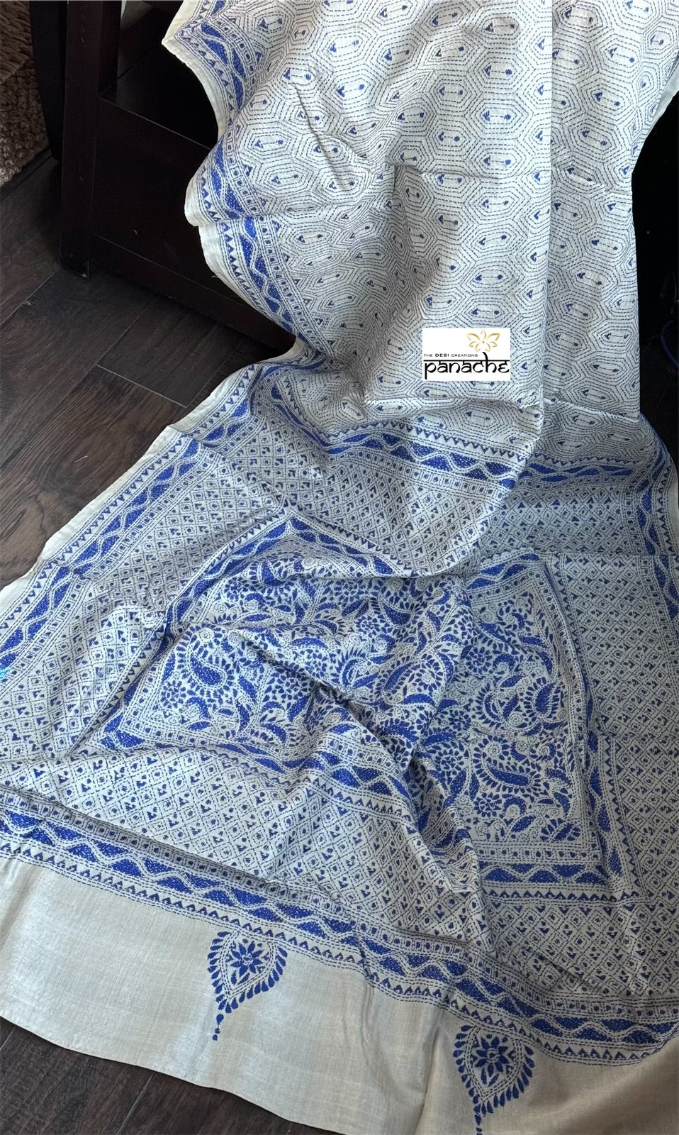 Pure Tussar Silk Kantha Stitch - Beige Blue