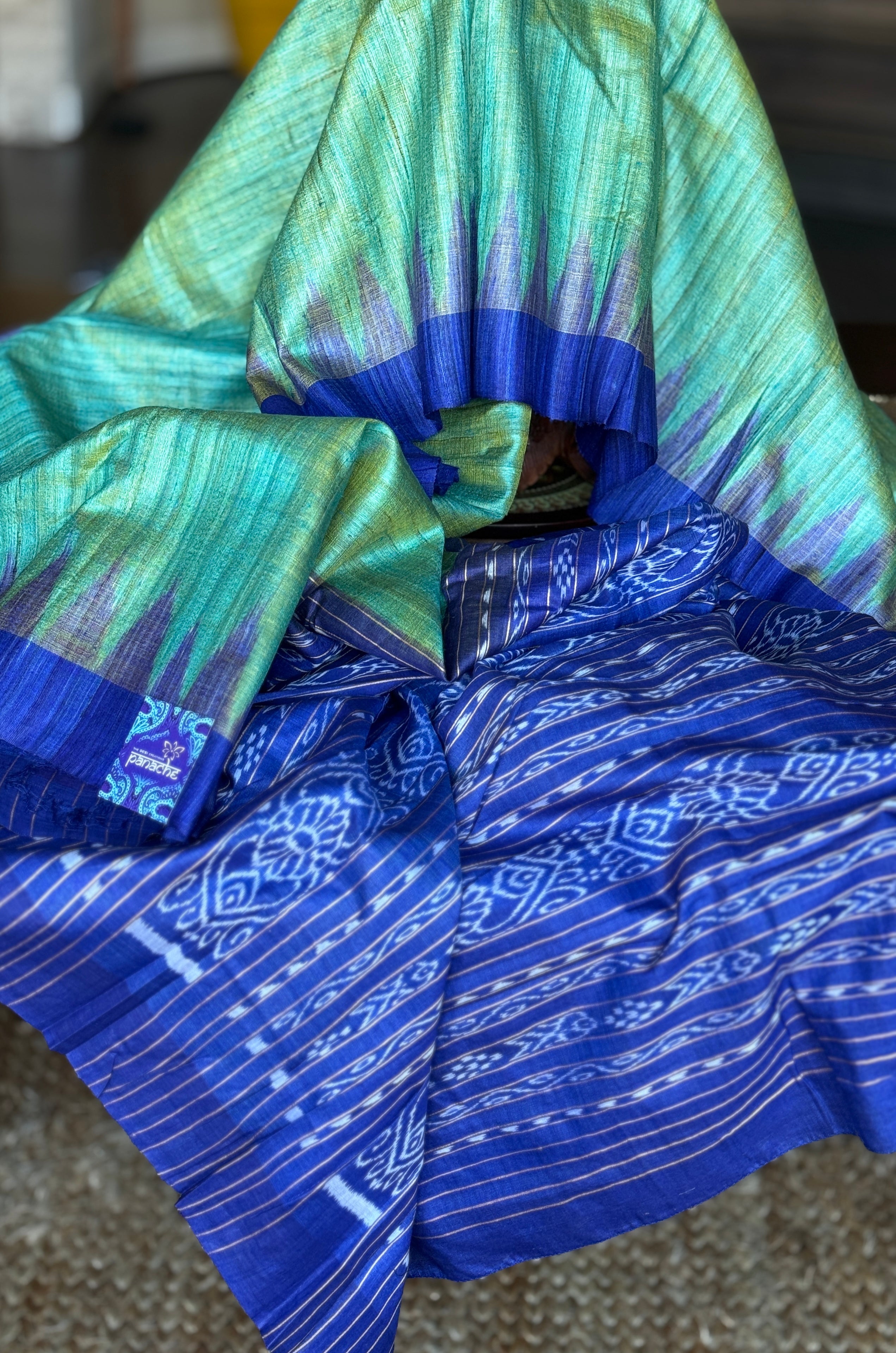 Gopalpur Tussar Silk Ikat - Sea green Royal Blue