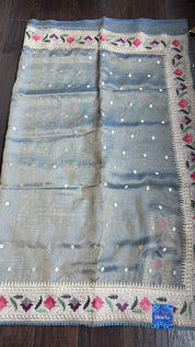 Designer Tissue Silk Paithani - Mettalic Grey Blue Embroidered