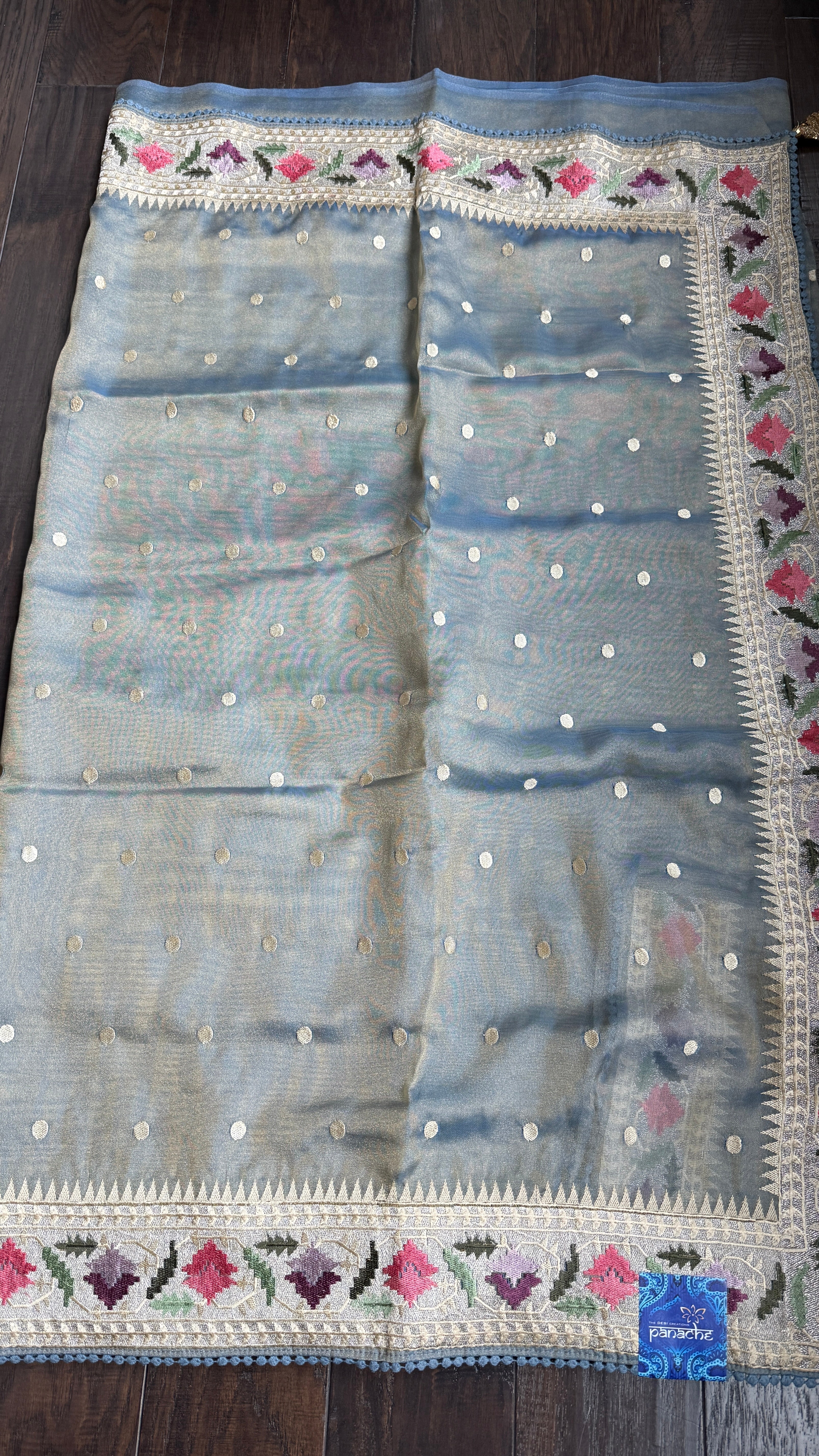 Designer Tissue Silk Paithani - Mettalic Grey Blue Embroidered