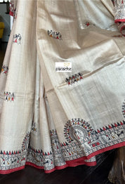 Pure Tussar Silk - Beige Worli Printed