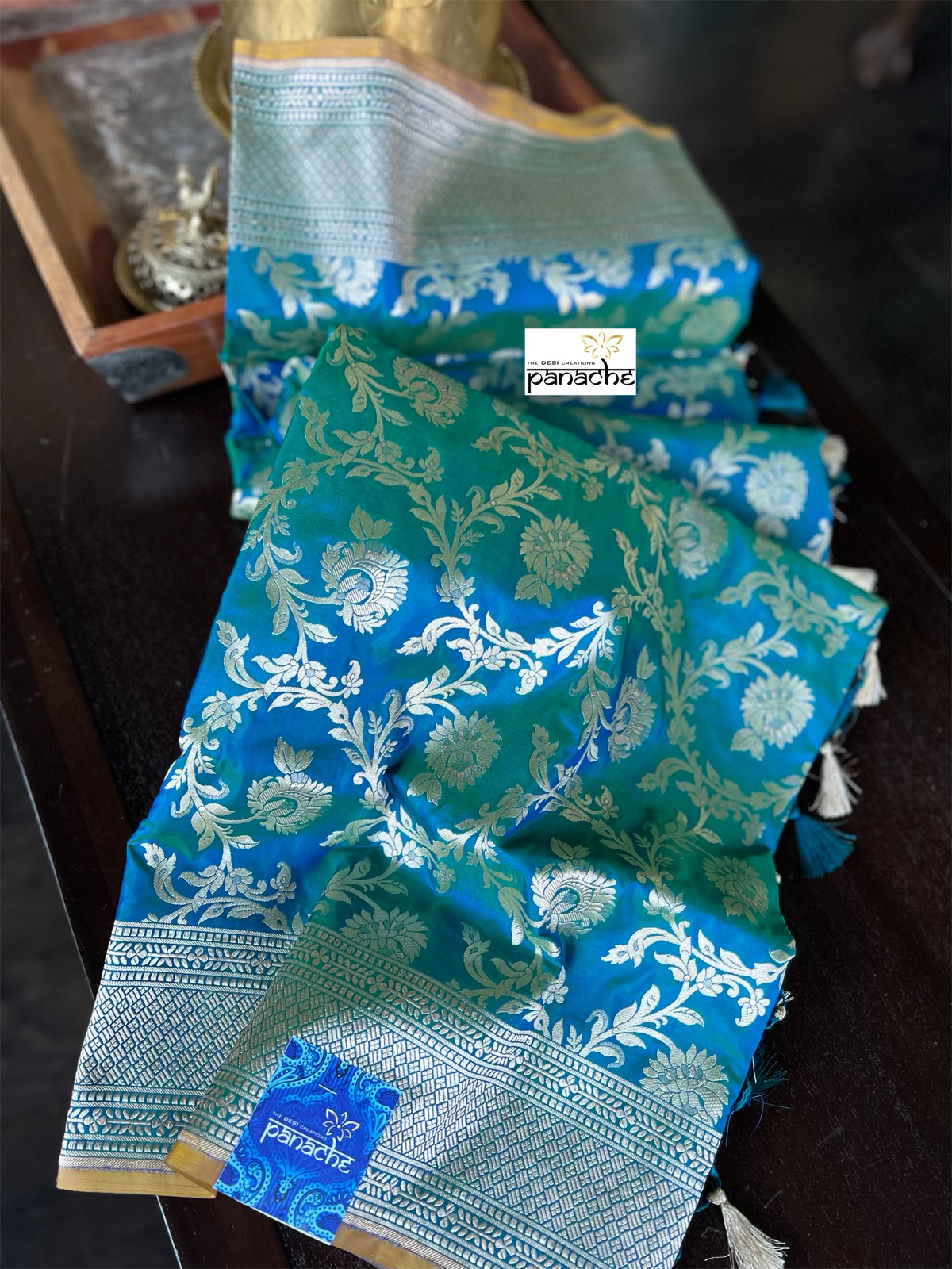 Pure Silk Katan Banarasi- Peacock Blue Dual shaded