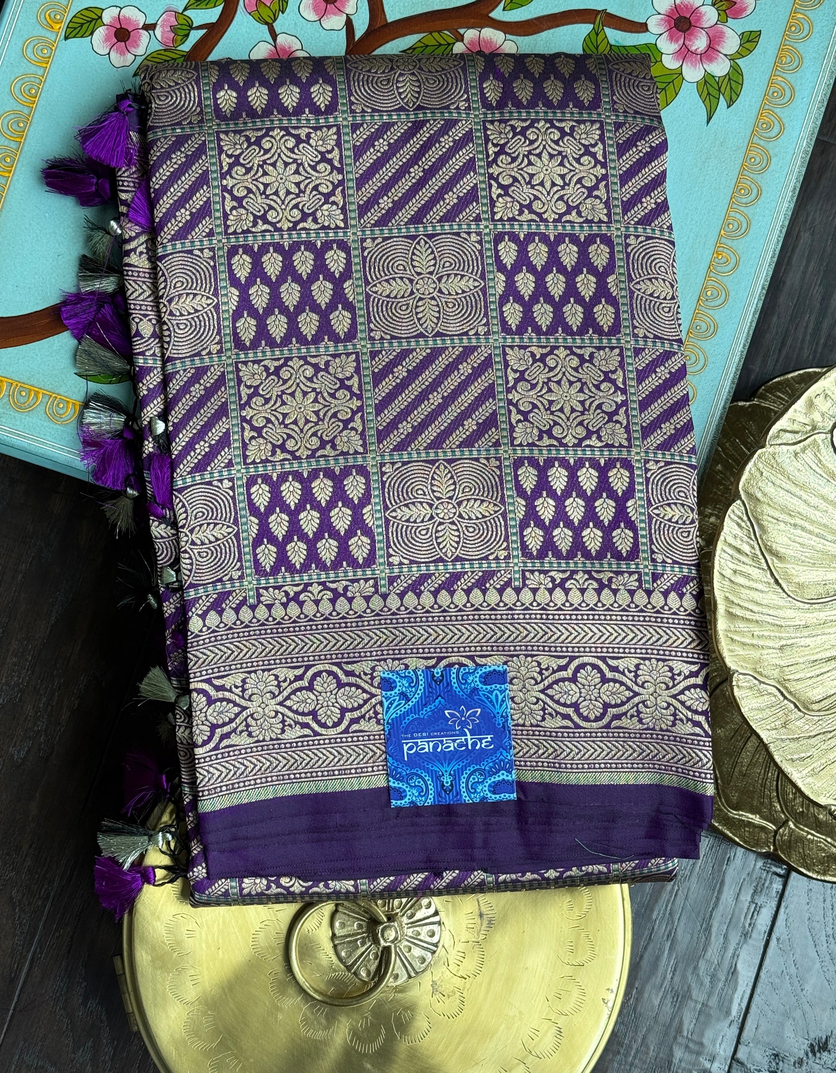 Pure Silk Katan Banarasi- Purple Antique Gold Zari