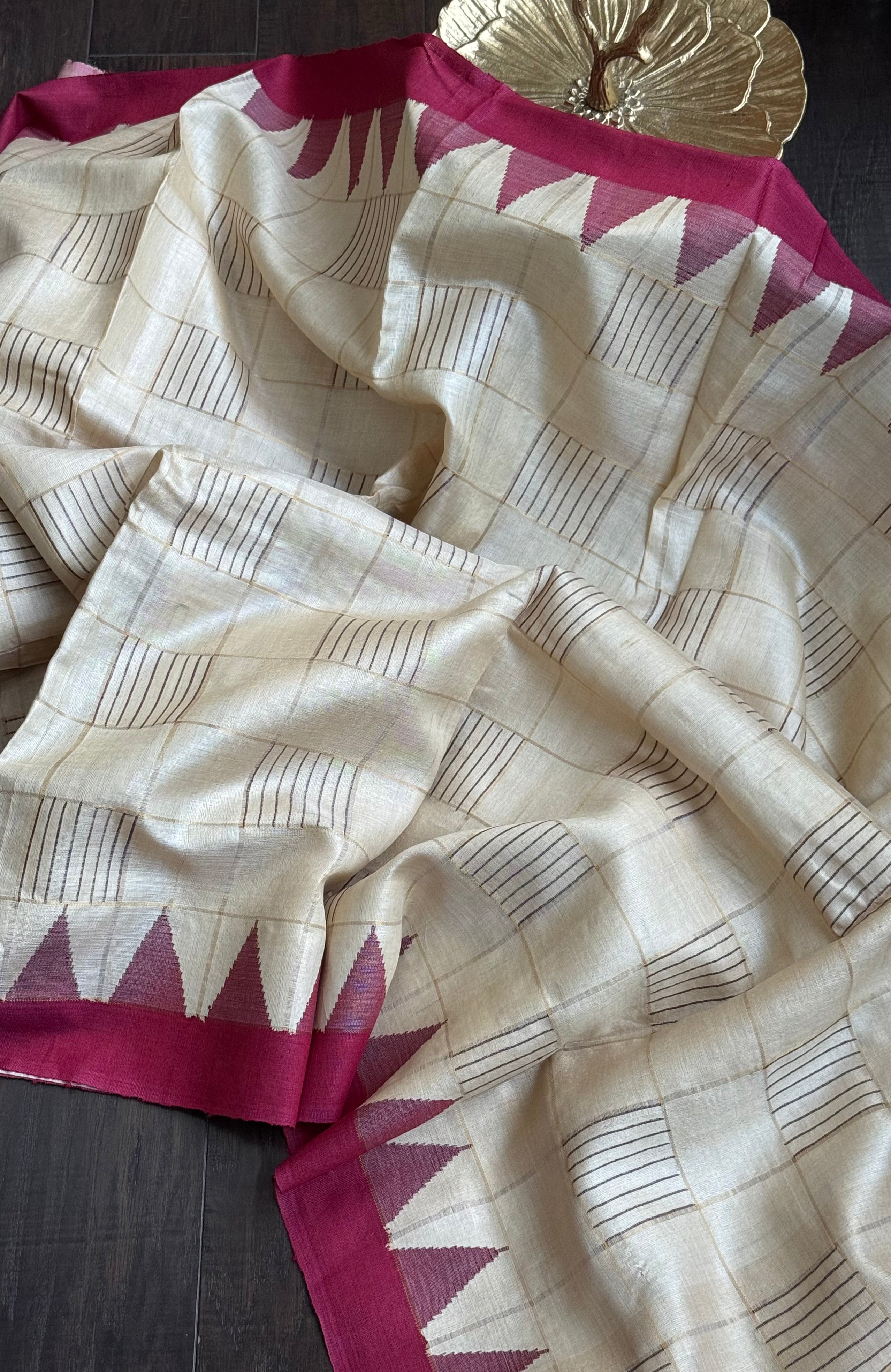 Pure Tussar Silk - Beige Maroon