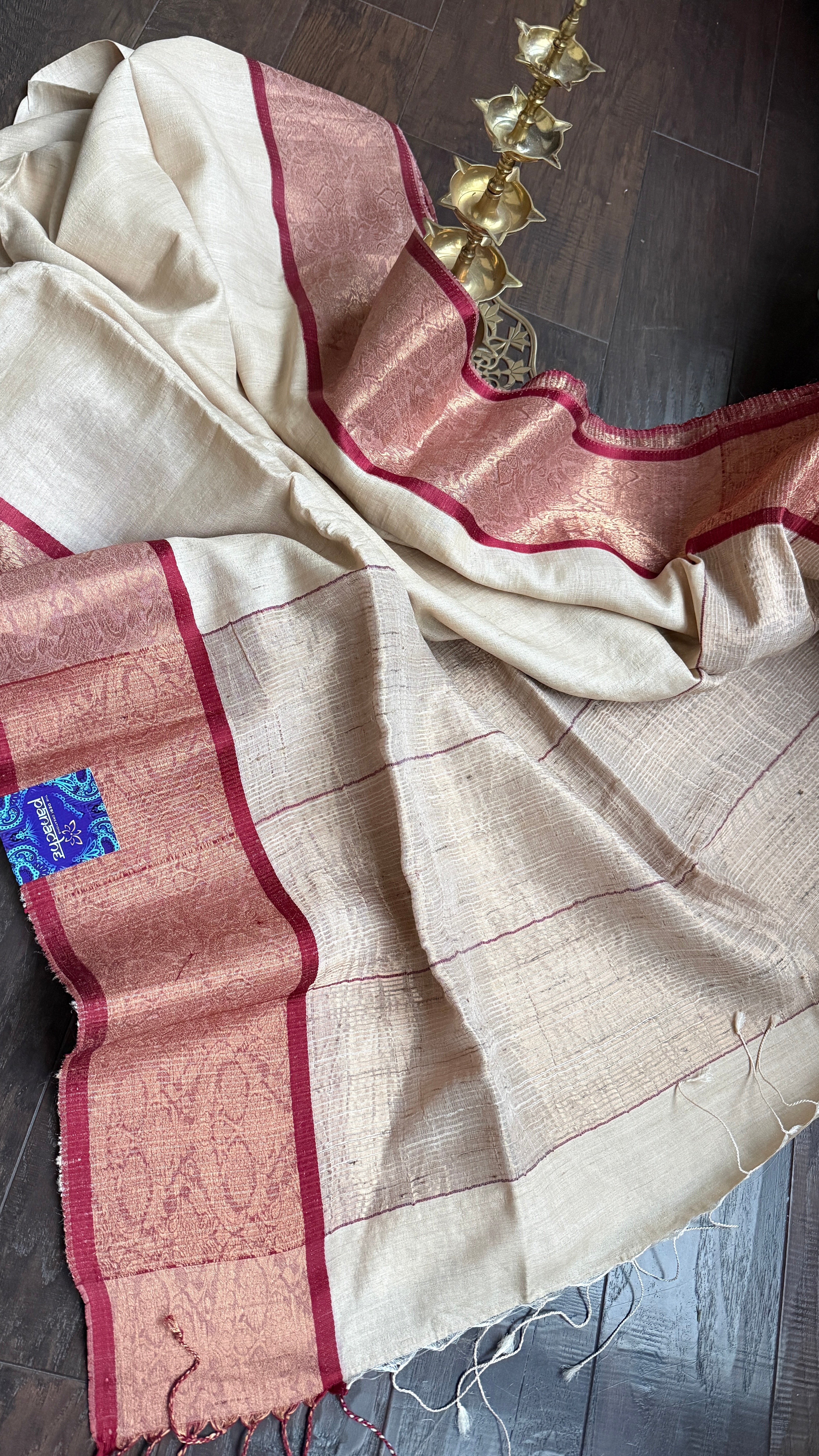 Pure Tussar Silk Handwoven - Tussar Beige Dark Maroon