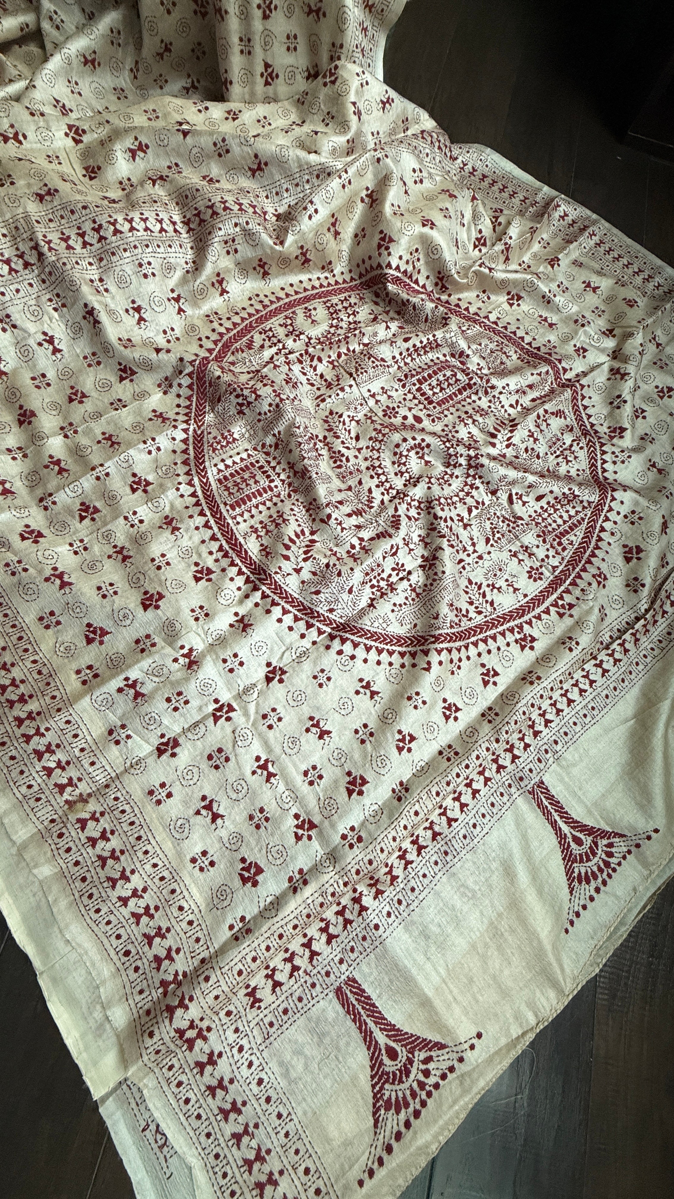 Pure Tussar Silk Kantha Stitch -  Tan Beige Maroon Worli Art
