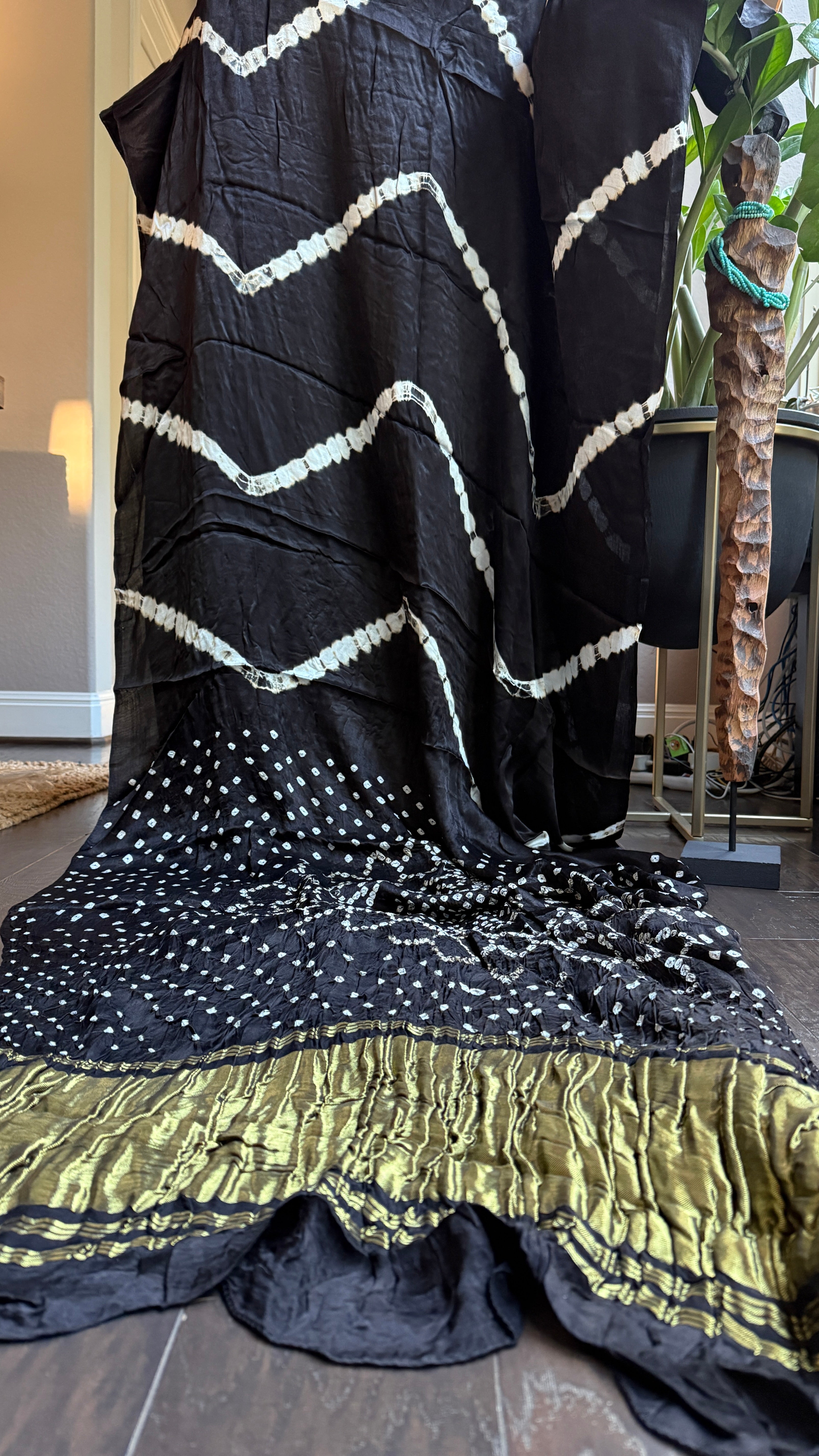 Modal Silk Makdi Bandhej - Black Shibori