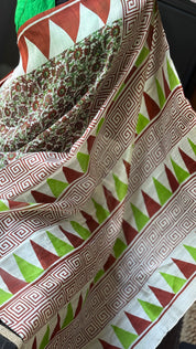 Pure Murshidabad Silk - Green Brown Off White Temple Border Printed