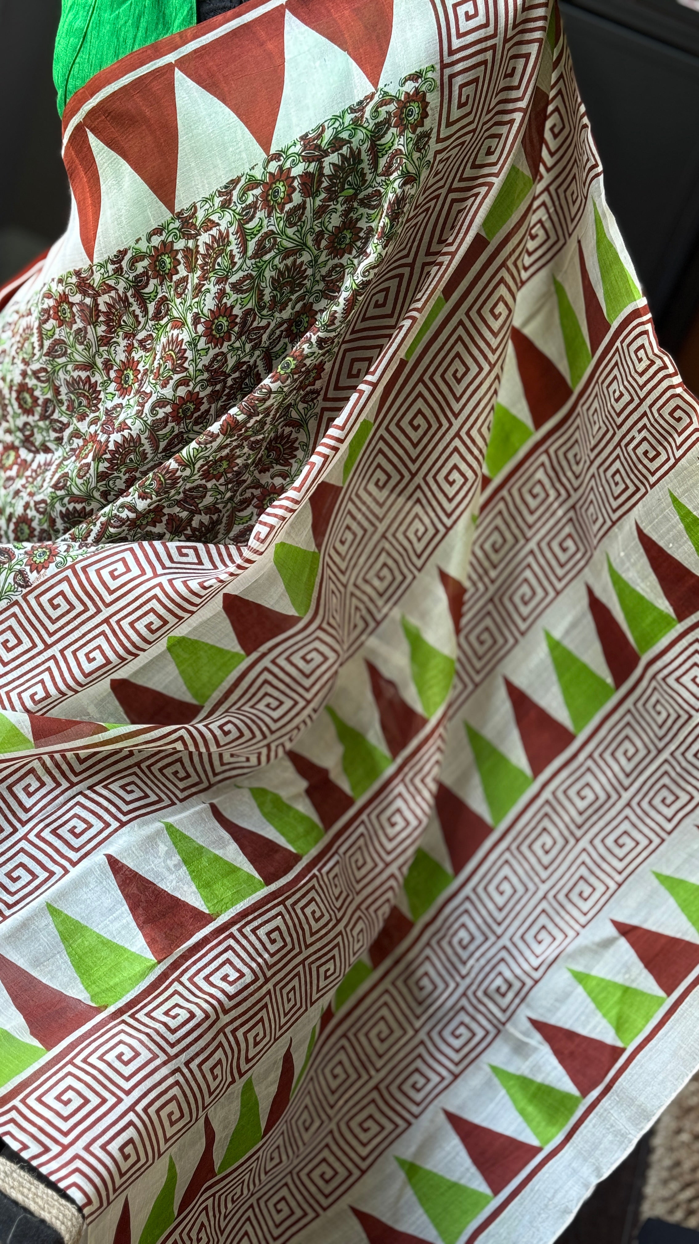 Pure Murshidabad Silk - Green Brown Off White Temple Border Printed