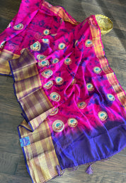 Soft Dupion Tie-Dye Saree - Pink Blue