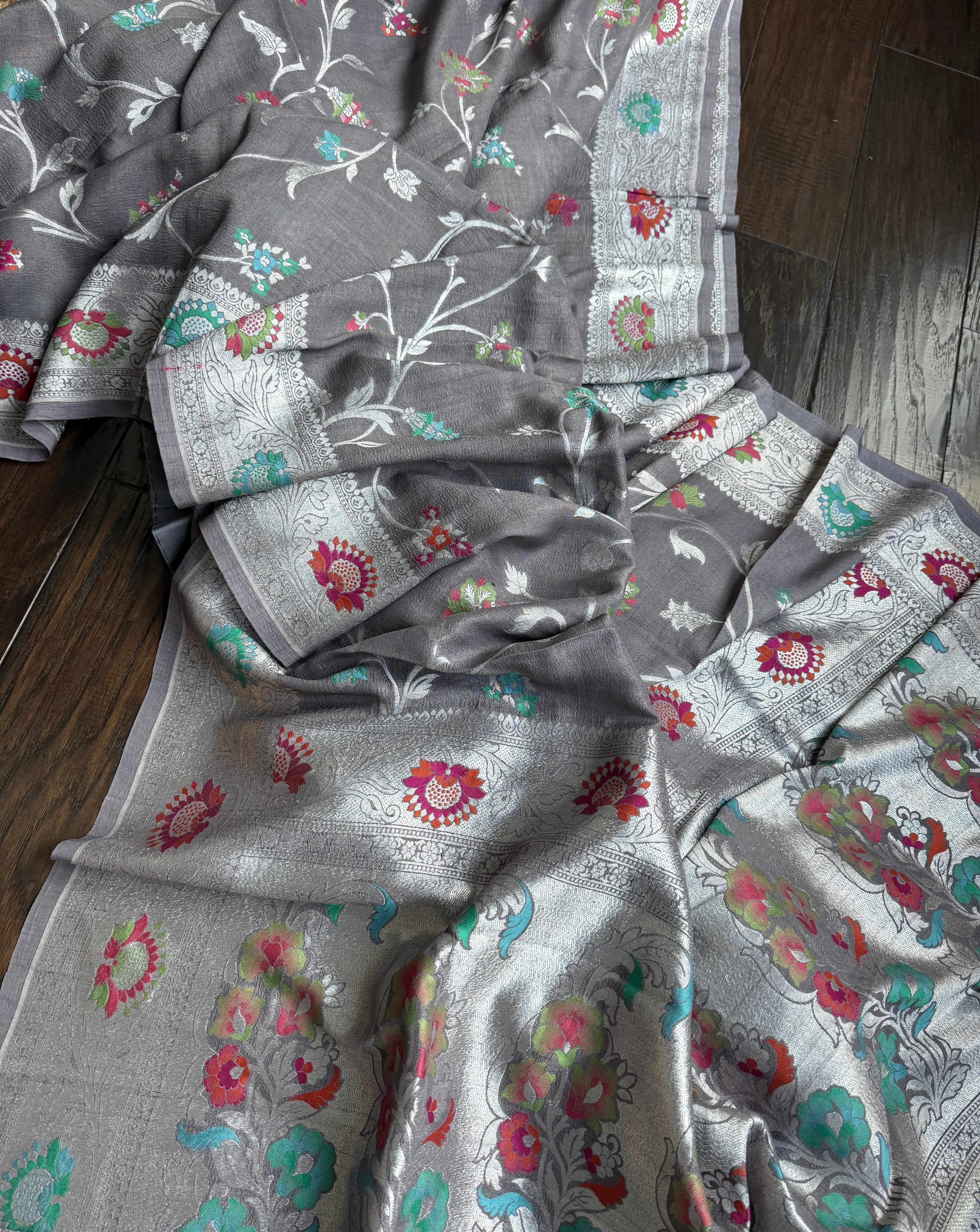 Tussar Georgette Banarasi - Grey Meenakari