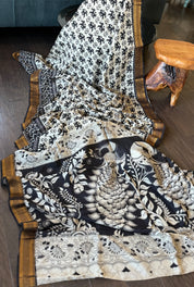 Chinori Silk Kalamkari  - Dusty white Black Elephant