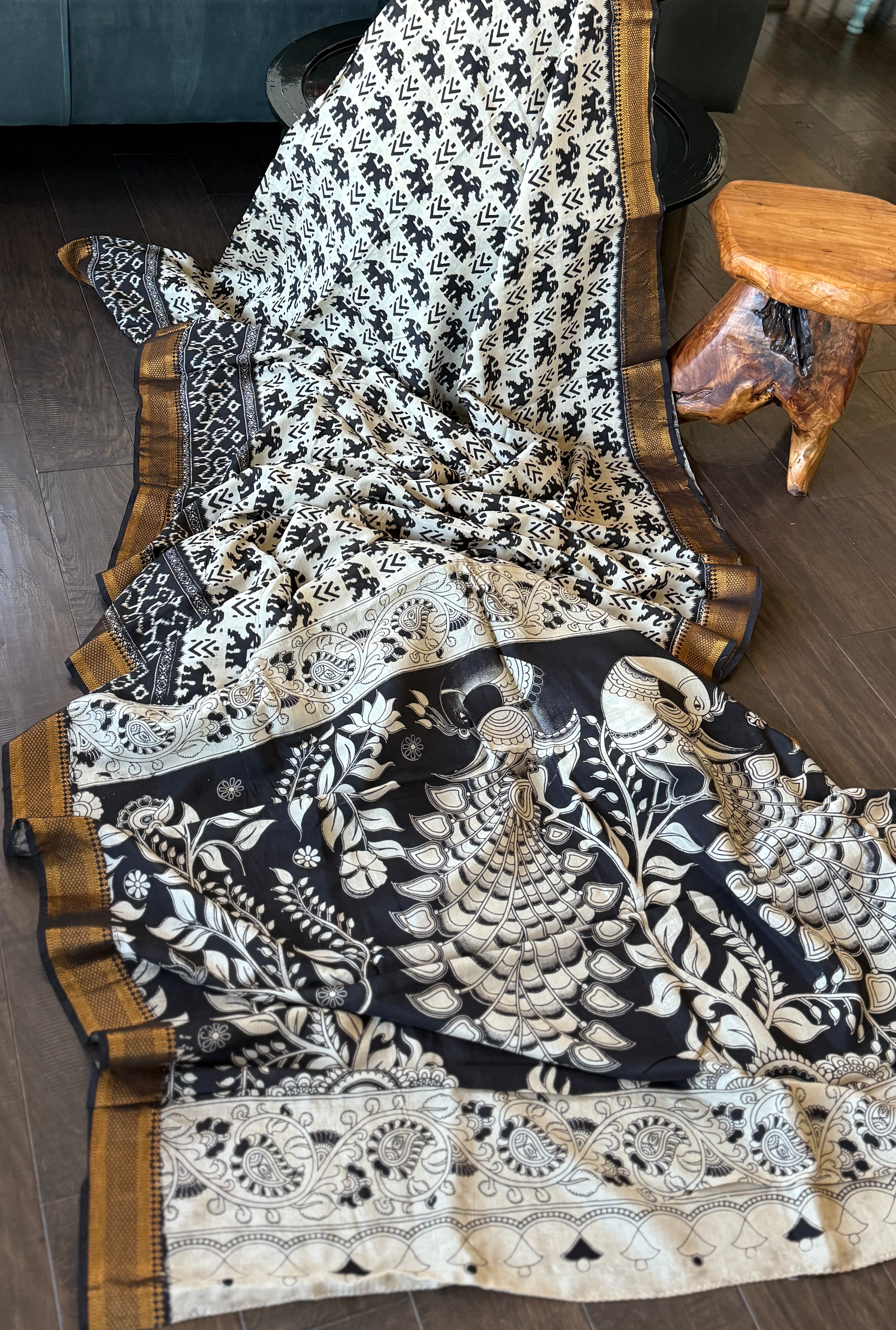 Chinori Silk Kalamkari  - Dusty white Black Elephant