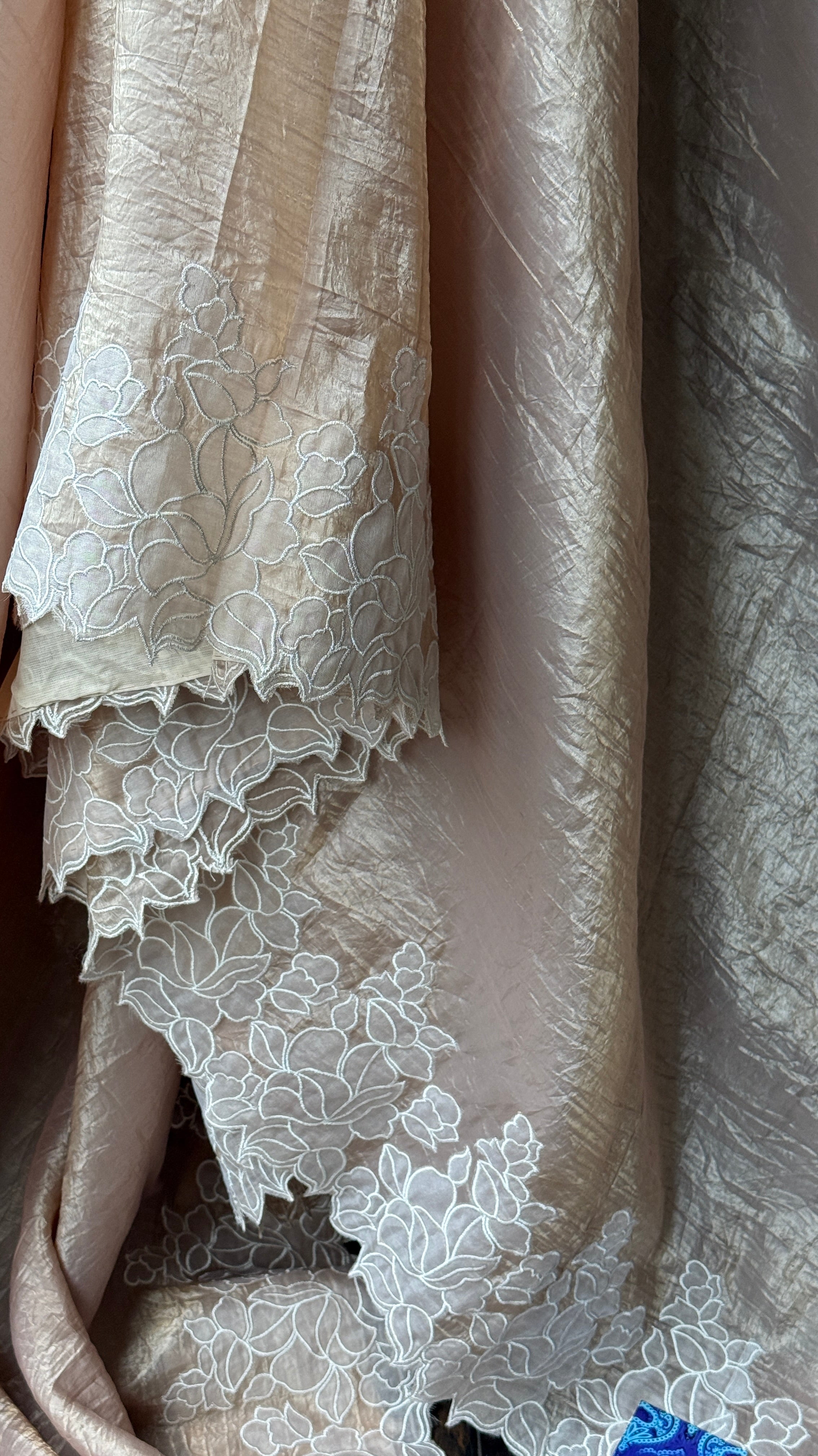 Designer Crushed Tissue Silk - Light Brown Appliqué Embroidered